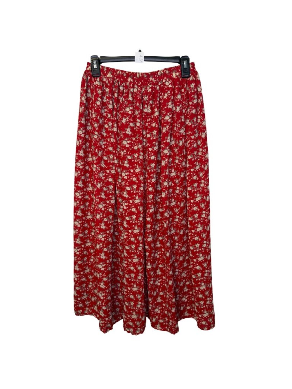 VTG Bonjour Red Floral Rayon Maxi Skirt Womens Elastic Waist Cottagecore Prairie